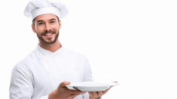 A man in a chef hat holding a plate photo