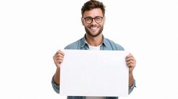 A man with glasses holding up a blank sign photo