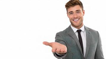 A man in a suit is holding out his hand photo