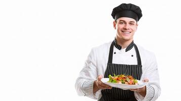 A man in a chef's uniform holding a plate with a salad photo
