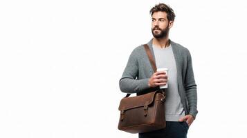 A man with a beard and sweater holding a brown leather briefcase photo