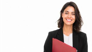 A woman in a business suit holding a folder photo