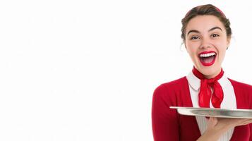 A woman in red holding a tray with a smile photo