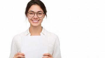 A woman in glasses holding a blank piece of paper photo