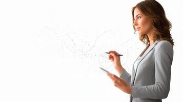 A woman in a business suit is drawing on a tablet photo