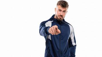 A man in a blue jacket pointing at something photo