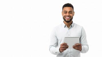 A smiling man holding a tablet computer photo