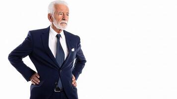 An older man in a suit and tie standing with his hands on his hips photo