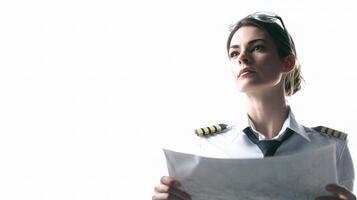 A woman in a pilot uniform holding a map photo