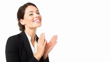 A woman in a business suit is clapping her hands photo