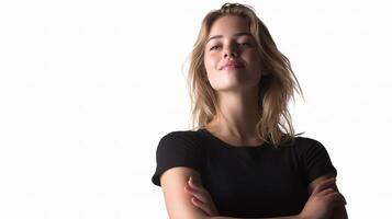 A woman in a black shirt is standing with her arms crossed photo
