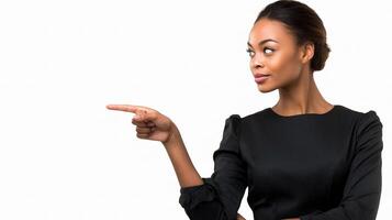 A woman in a black dress pointing at something photo
