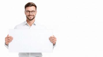 A man in glasses holding a blank board photo