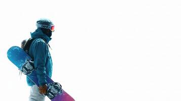 A snowboarder is standing in front of a white background photo