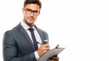 A man in a suit and glasses is holding a clipboard photo