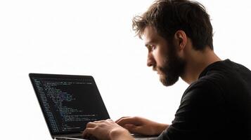 A man is sitting at a desk with a laptop photo