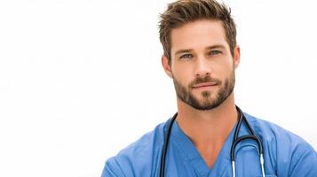 A male doctor wearing a blue scrub suit photo