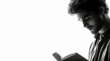 A man reading a book in a black and white photo