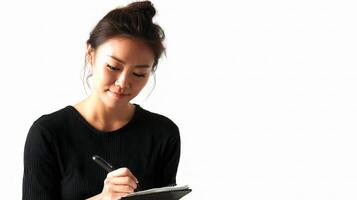 A woman writing on a notepad while sitting at a desk photo