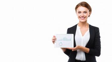 A woman in a business suit holding up a tablet computer photo