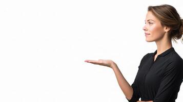 A woman is holding something out in front of her photo