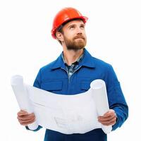 A man in a hard hat holding blueprints photo