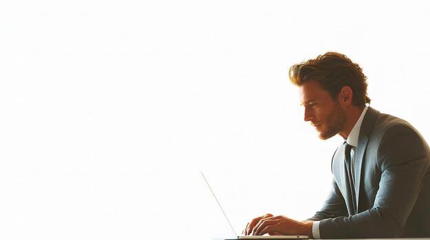 A man in a suit is sitting at a desk using a laptop photo