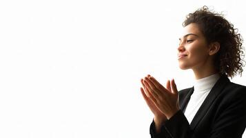A woman in a suit is praying photo