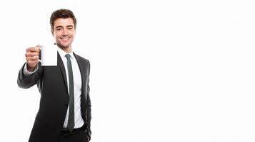 A man in a suit holding a business card photo