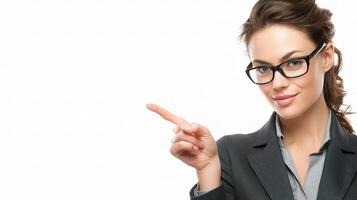 A woman in glasses pointing at something photo