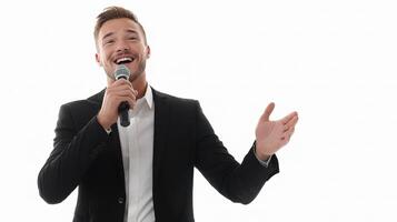 A man in a suit is singing into a microphone photo