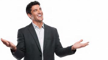 A man in a suit is laughing and smiling photo