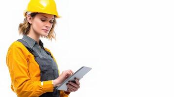 A woman in a hard hat and overalls is holding a tablet photo