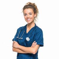 A woman in a blue scrub suit posing for the camera photo