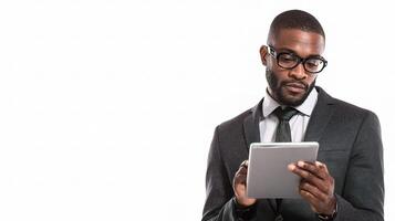 A man in a suit and glasses is holding a tablet photo