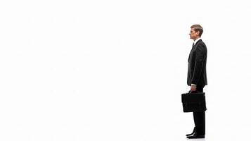 A man in a suit standing with a briefcase photo