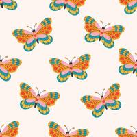 Retro seamless pattern with butterflies. Abstract colorful print of beautiful butterfly. Vintage 60s 70s decorative background. Groovy tropical insects with wings. Flat illustration vector