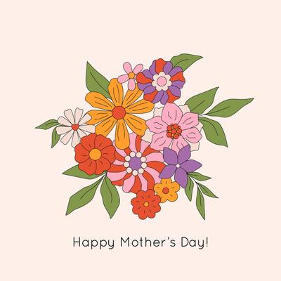 Vintage floral greeting card. 70s 60s retro groovy composition of hippie daisy flowers, leaves on beige background. Happy Mothers day. boho illustration for invitation, poster, card, cover