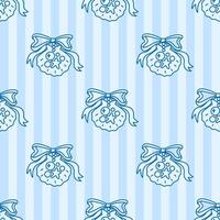 Seamless pattern of sea shell and coquette ribbon bow with seastar, pearls on striped blue background. Backdrop with summer beach vibe. Coastal holiday aesthetic vector
