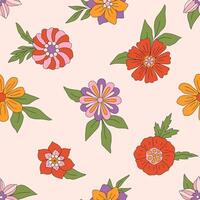 Retro seamless pattern of different wild flowers and green leaves. Floral design with groovy hippie daisy. Vintage 60s background. Botanical boho wallpaper vector