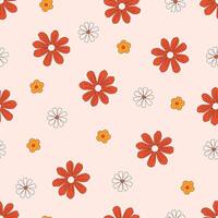 Retro seamless pattern of different chamomile flowers. Floral design with groovy hippie daisy. Vintage 60s background. Botanical boho wallpaper vector