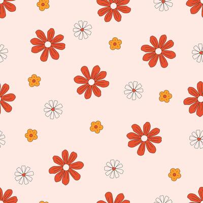 Retro seamless pattern of different chamomile flowers. Floral design with groovy hippie daisy. Vintage 60s background. Botanical boho wallpaper