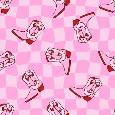 Pink trippy grid seamless pattern with Cowgirl boots. Groovy distorted chessboard background. Design with Western footwear decorated coquette bow, heart. Wild West women shoes. Retro aesthetic