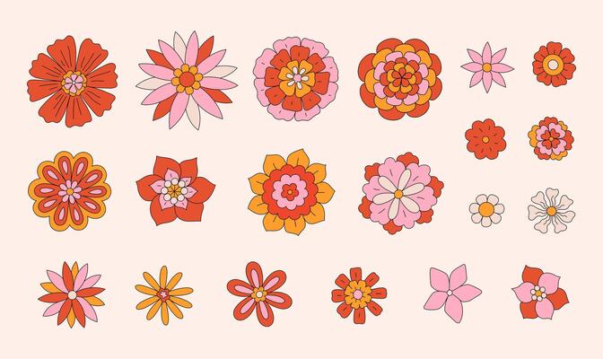 Retro set of different chamomile flowers. Vintage 70s 60s colorful daisy flowers. Floral collection groovy hippie design elements. Nostalgic clipart isolated on beige background