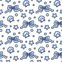 Seamless pattern of sea shell, coquette ribbon bow, seastar, bubbles on white background. Backdrop with summer beach vibe. Coastal holiday aesthetic vector