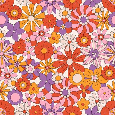 Retro seamless pattern of different chamomile flowers. Floral design with groovy hippie daisy. Hippie print. Vintage 70s 60s background