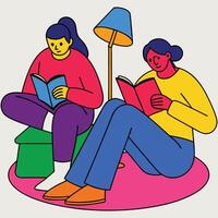 Two people reading books in a cozy setting under a lamp vector