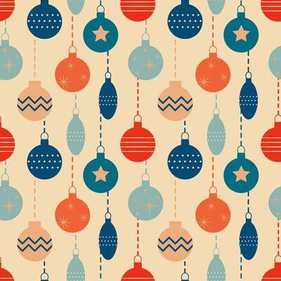Christmas pattern with tree toys. Retro Christmas seamless background