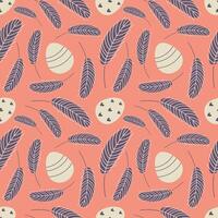 Orange easter pattern with eggs and feathers vector