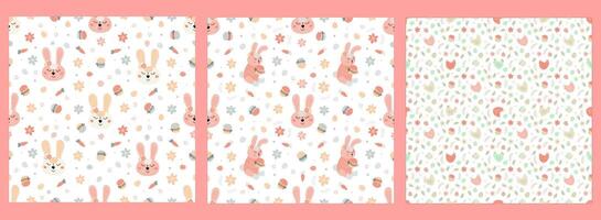 Easter seamless patterns with rabbits, Easter eggs, cakes vector